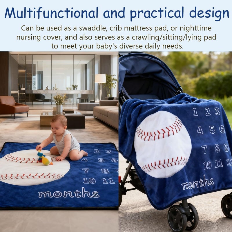 JIX SDFFAY Baby Monthly Milestone Blanket Baseball Month Blanket for Newborn Boys & Girls, Soft Flannel Mat with Photo Prop for Baby Shower, Neutral 45x40 Inches - Image 4
